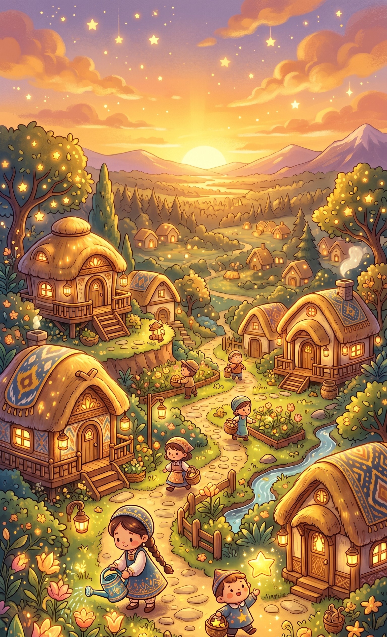 A warm mobile game scene with sunset colors