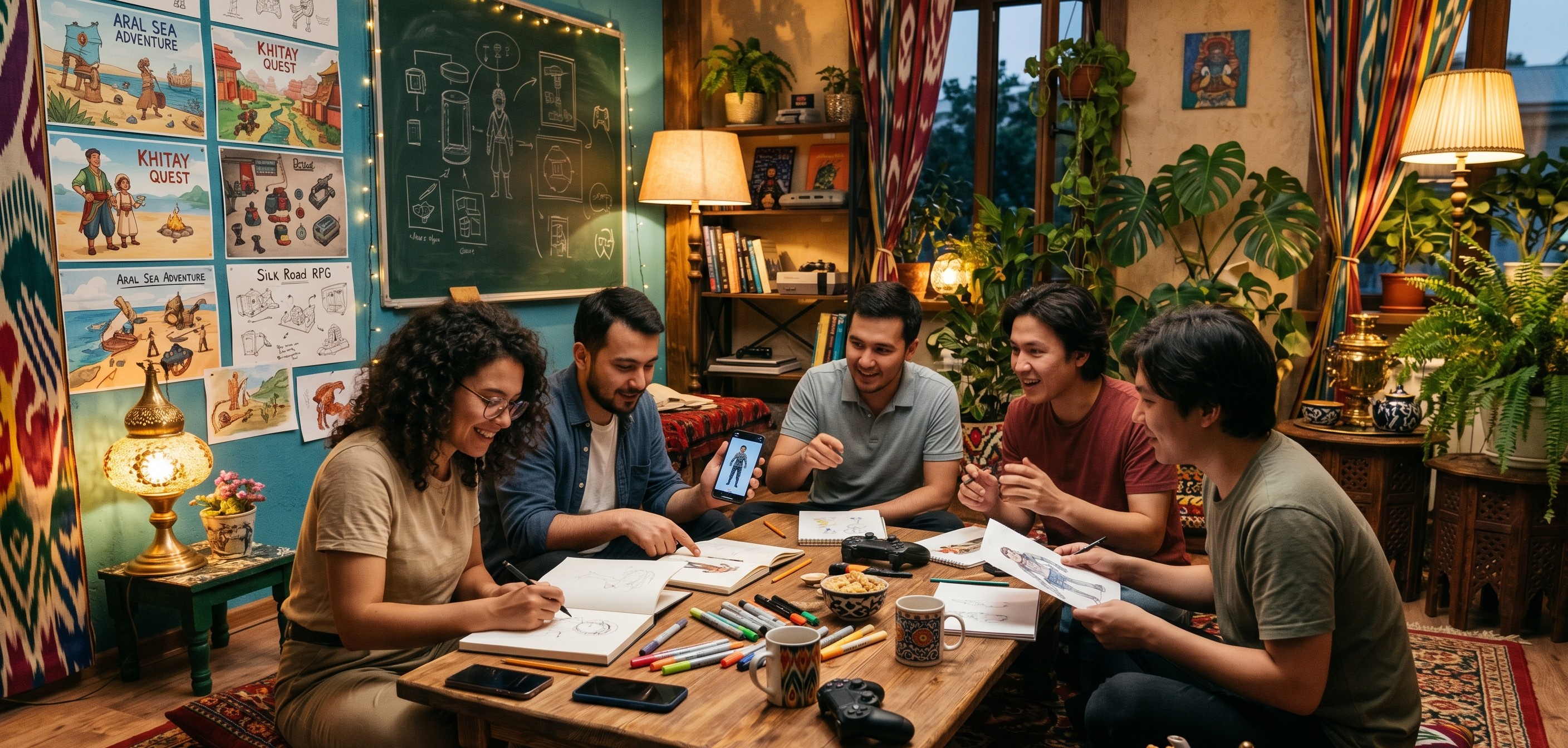 Warm illustrated studio table with mobile game creators